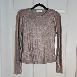 Ramy Brook Shimmery Silver Pink Ribbed Long-Sleeve Top Size Small